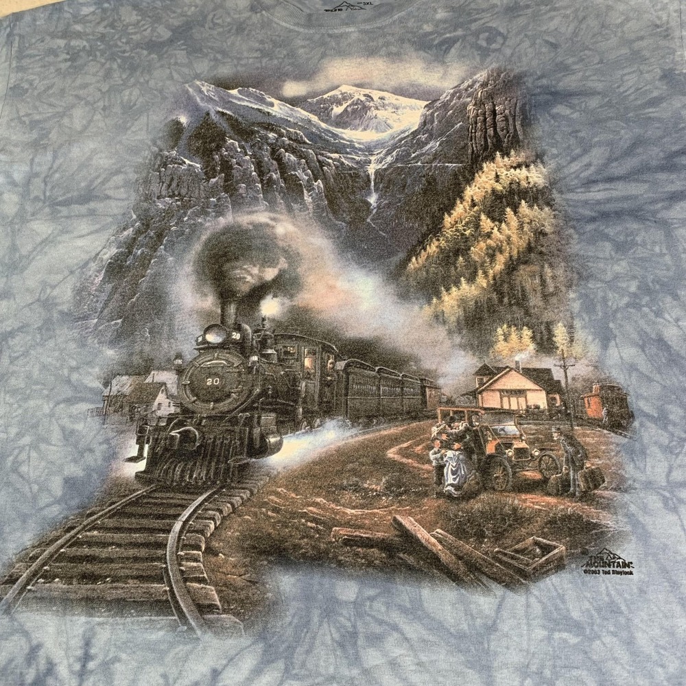 The Mountain Shirt Mens 3XL Blue Steam Train Railroad Mountain Graphic Tee